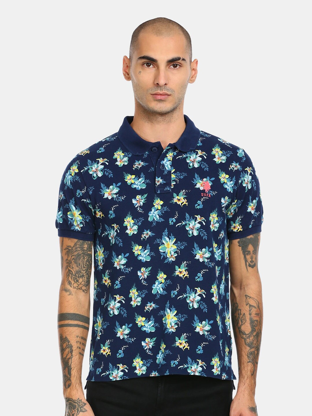 

U S Polo Assn Men Blue Floral Printed Polo Collar T-shirt