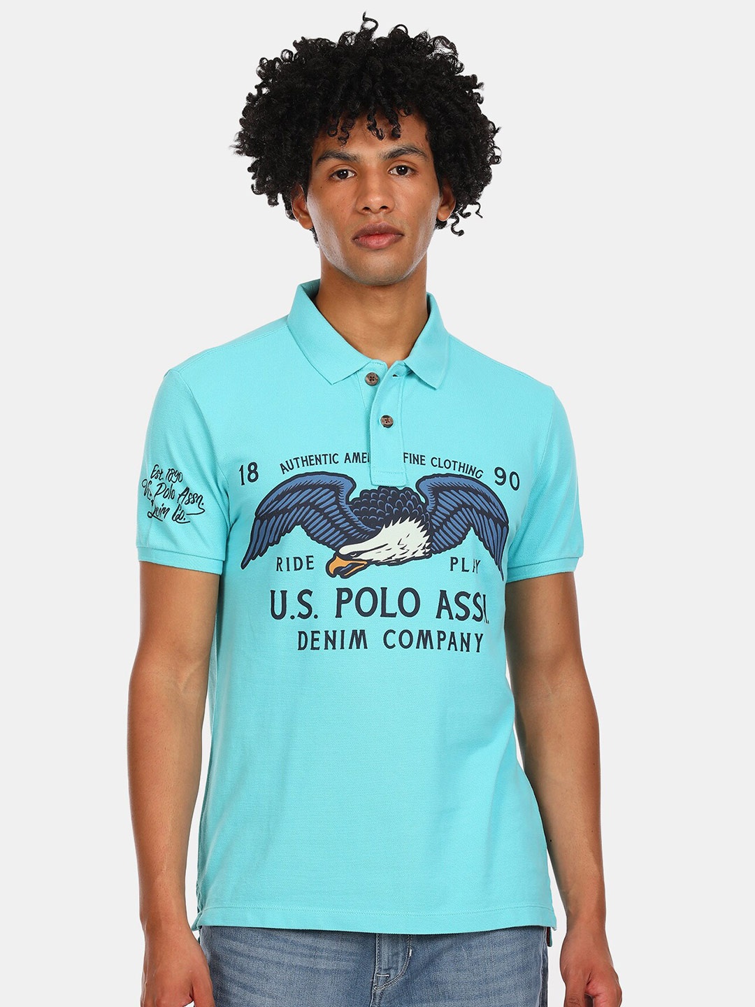 

U.S. Polo Assn. Denim Co. Men Blue Printed Polo Collar Applique T-shirt