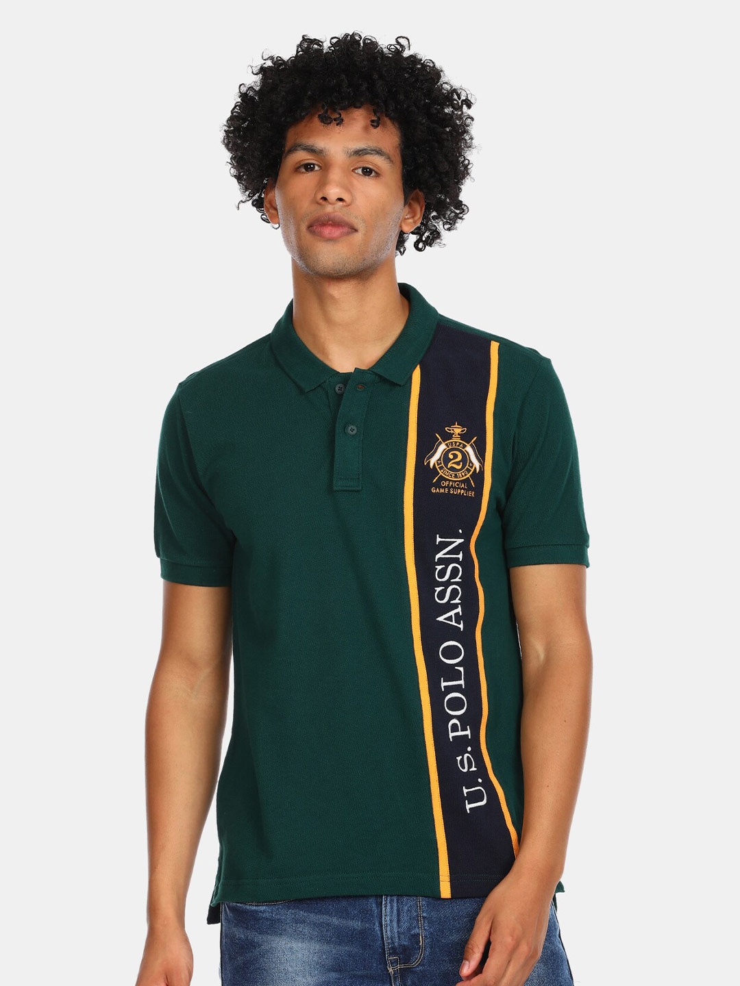 

U S Polo Assn Men Green Varsity Polo Collar Applique T-shirt