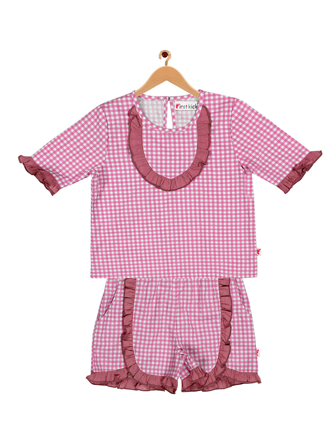 

First Kick Girls Pink & White Checked Pure Cotton Top With Shorts
