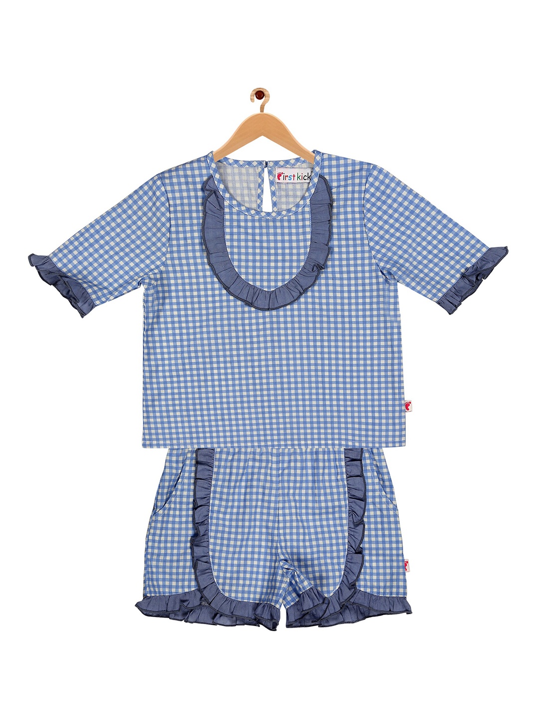 

First Kick Girls Blue & White Checked Pure Cotton Top With Shorts