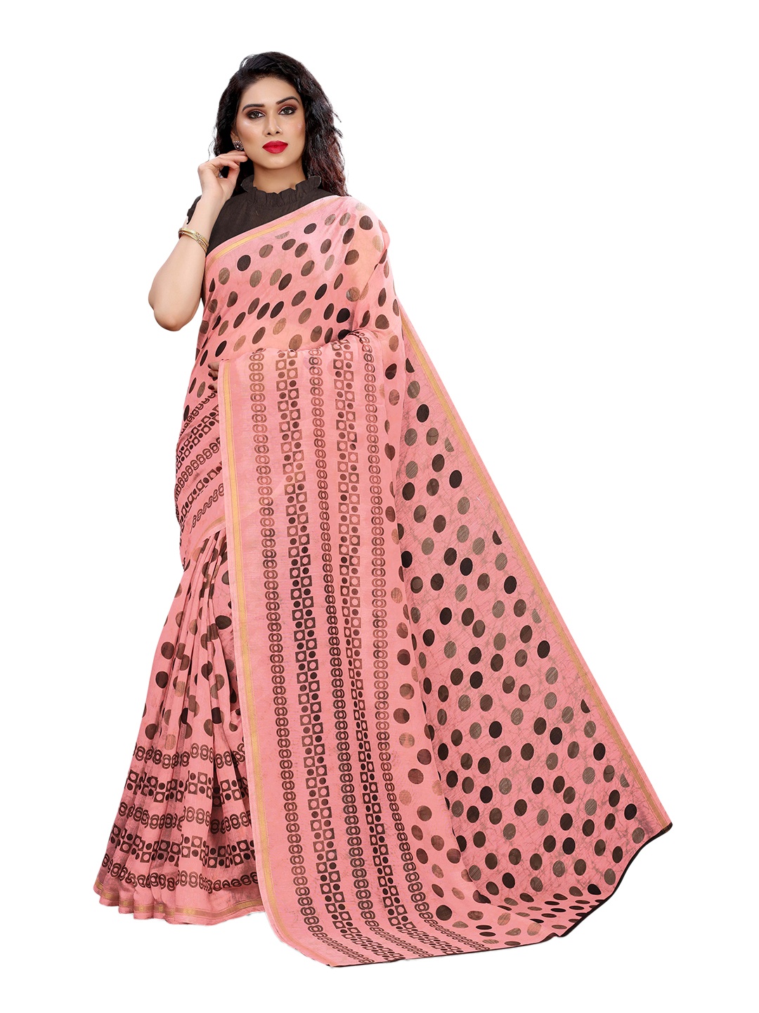 

KALINI Pink & Brown Polka Dot Printed Zari Saree