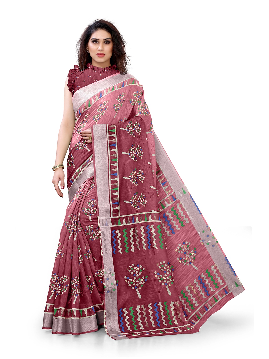 

KALINI Pink & Green Floral Printed Zari Saree