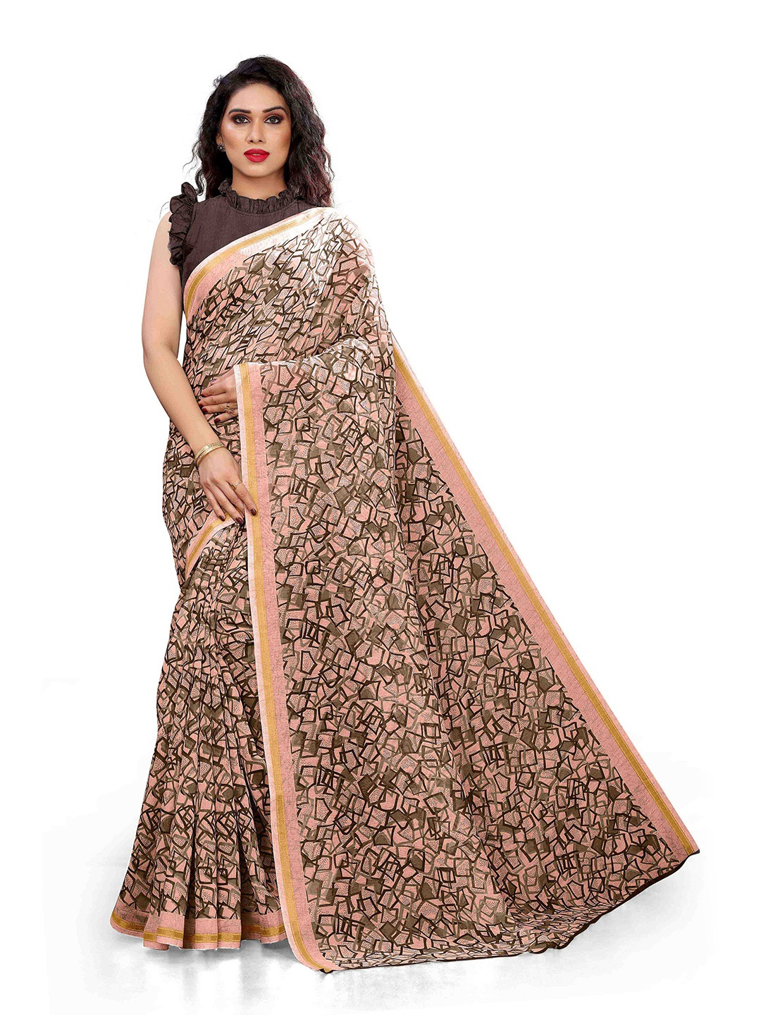 

KALINI Peach-Coloured & Black Printed Saree