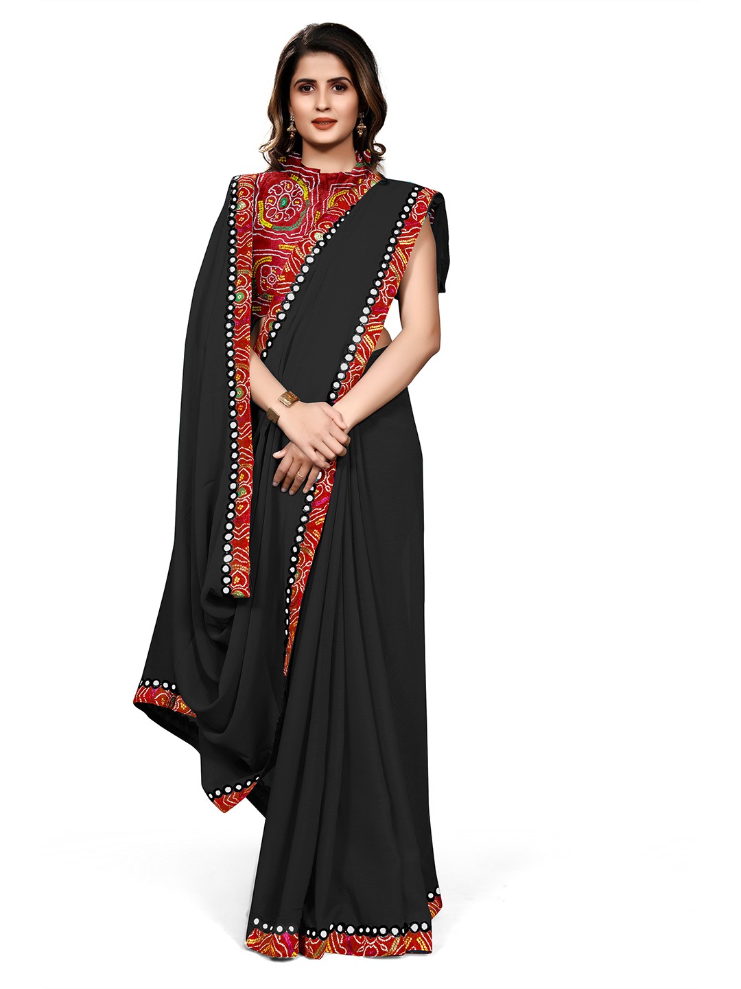

KALINI Black & Red Mirror Work Bandhani Chiffon Saree