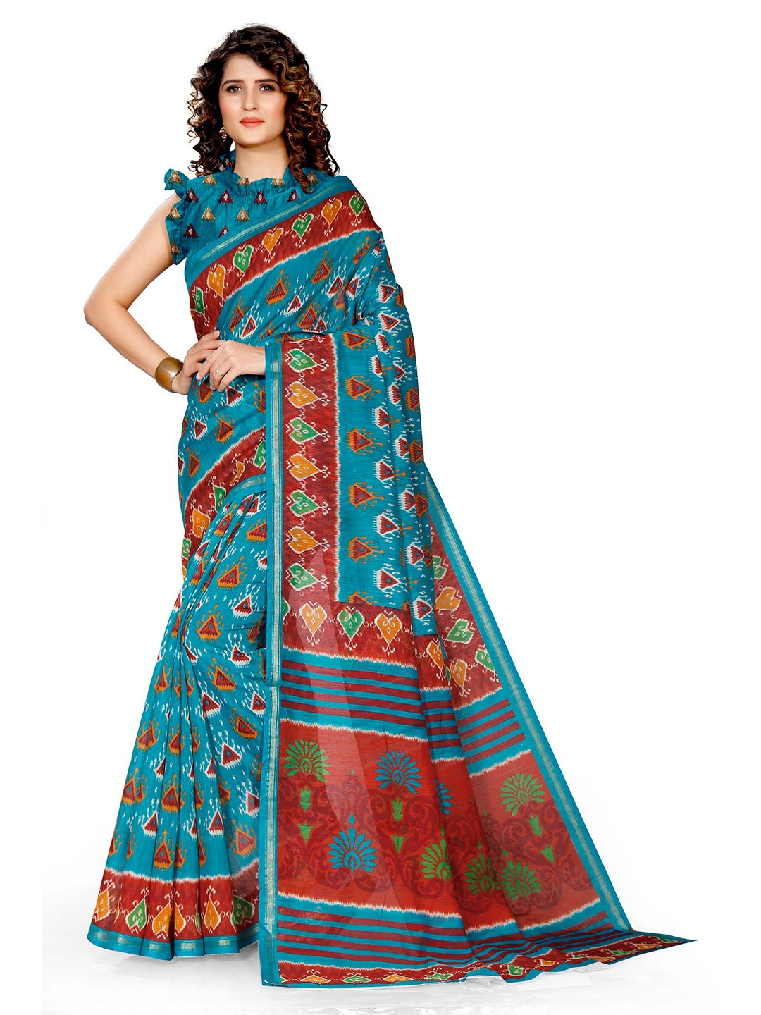 

KALINI Turquoise Blue & Maroon Printed Saree
