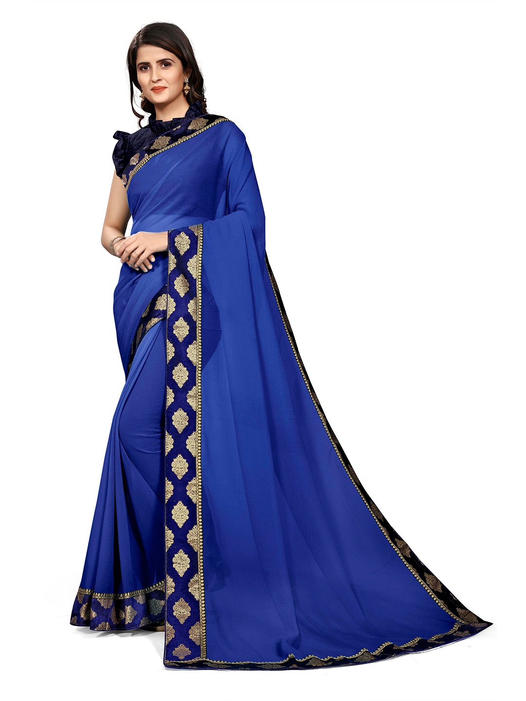 

KALINI Blue & Gold-Toned Chiffon Saree