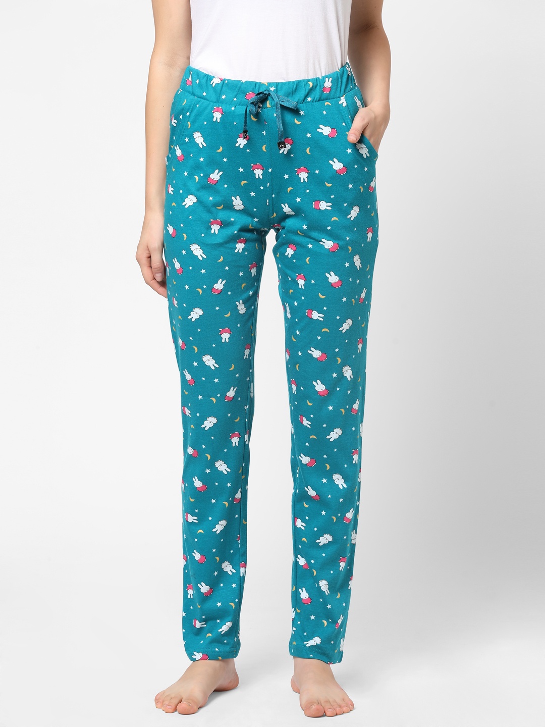 

Sweet Dreams Women Teal Blue & White Printed Cotton Lounge Pants