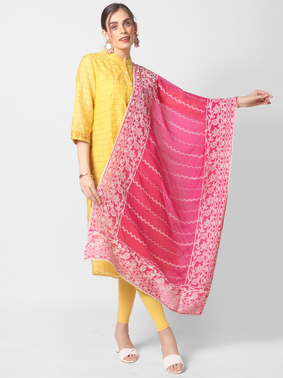 

Dupatta Bazaar Pink & Off White Ethnic Motifs Embroidered Dupatta with Chikankari Details