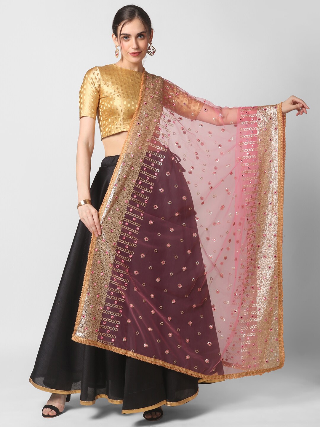 

Dupatta Bazaar Pink & Gold Ethnic Motifs Embroidered Dupatta with Sequinned Details