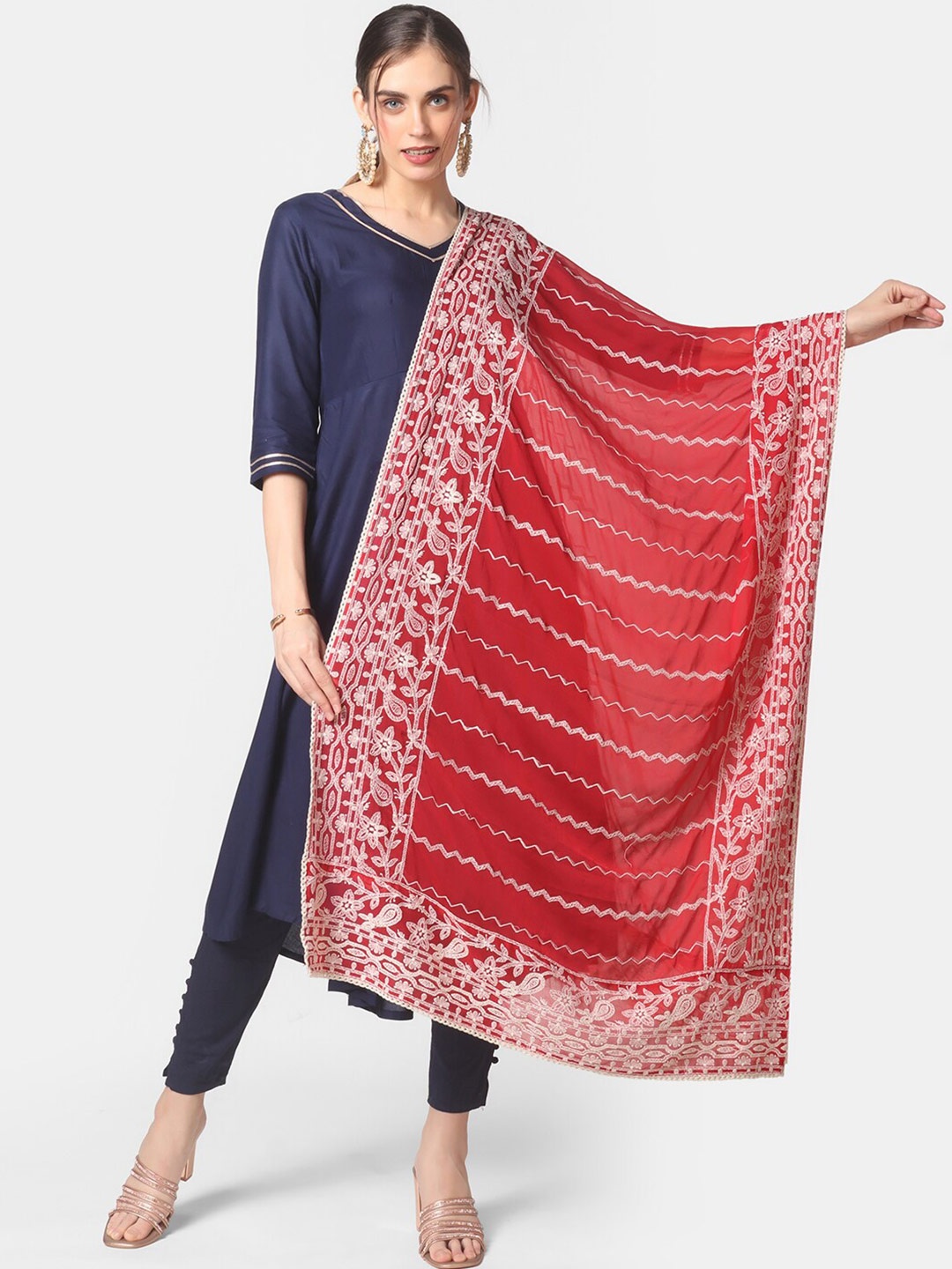 

Dupatta Bazaar Red & White Ethnic Motifs Embroidered Dupatta with Chikankari