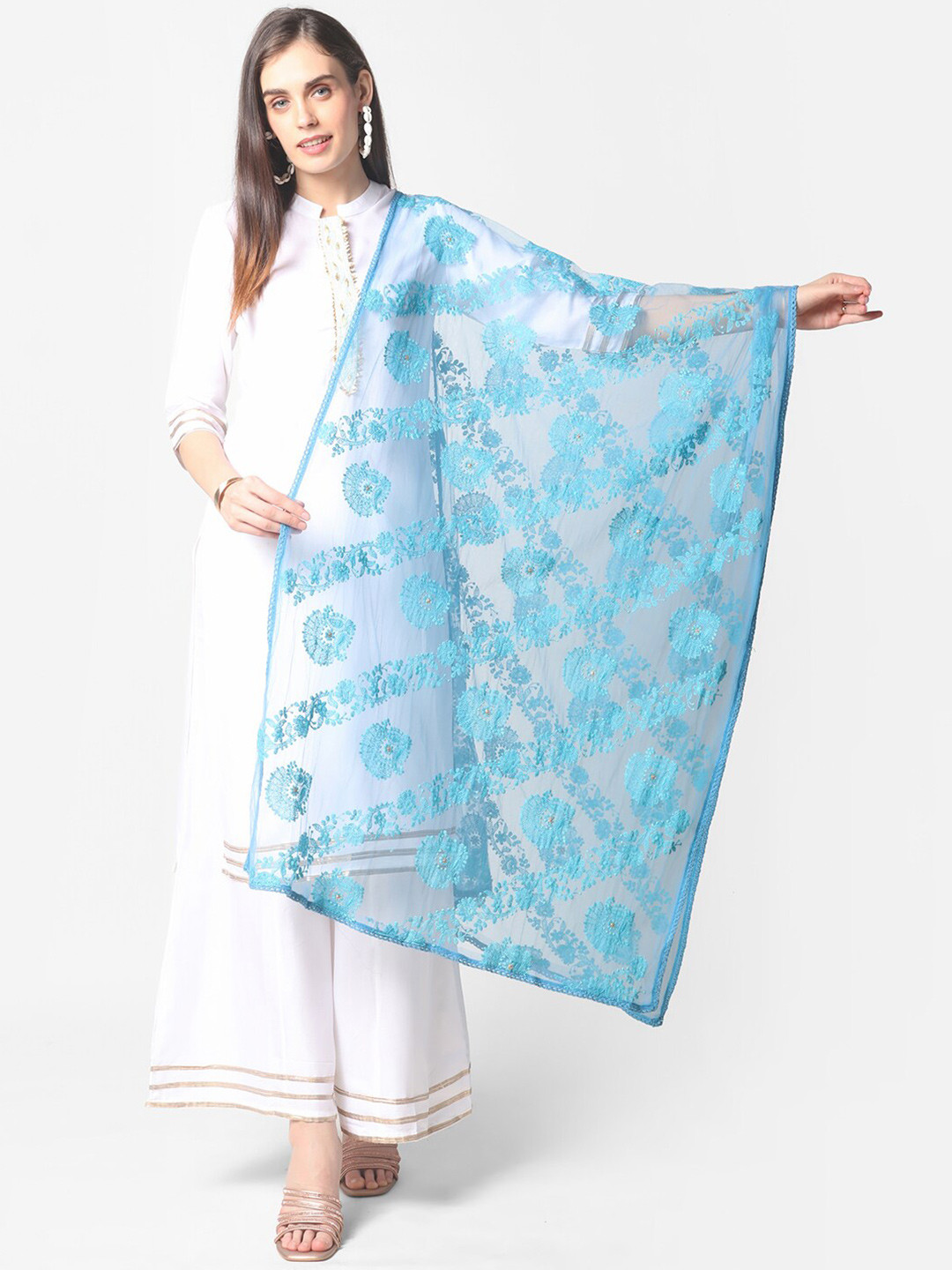 

Dupatta Bazaar Turquoise Blue Ethnic Motifs Embroidered Dupatta with Chikankari Details