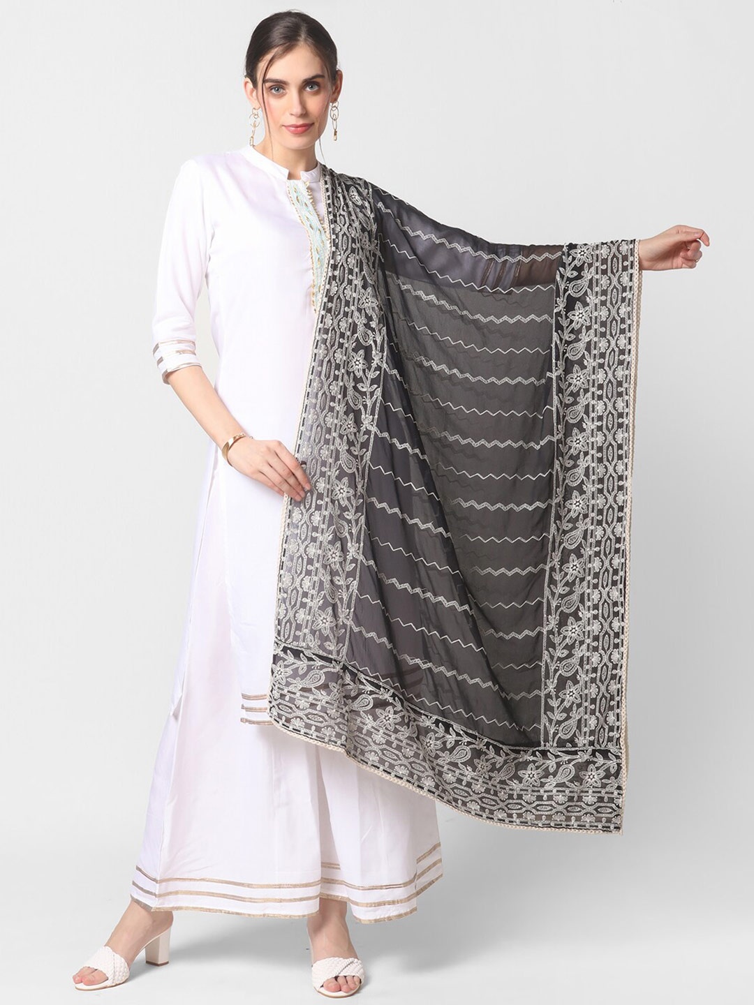 

Dupatta Bazaar Black & White Ethnic Motifs Embroidered Dupatta with Chikankari Details