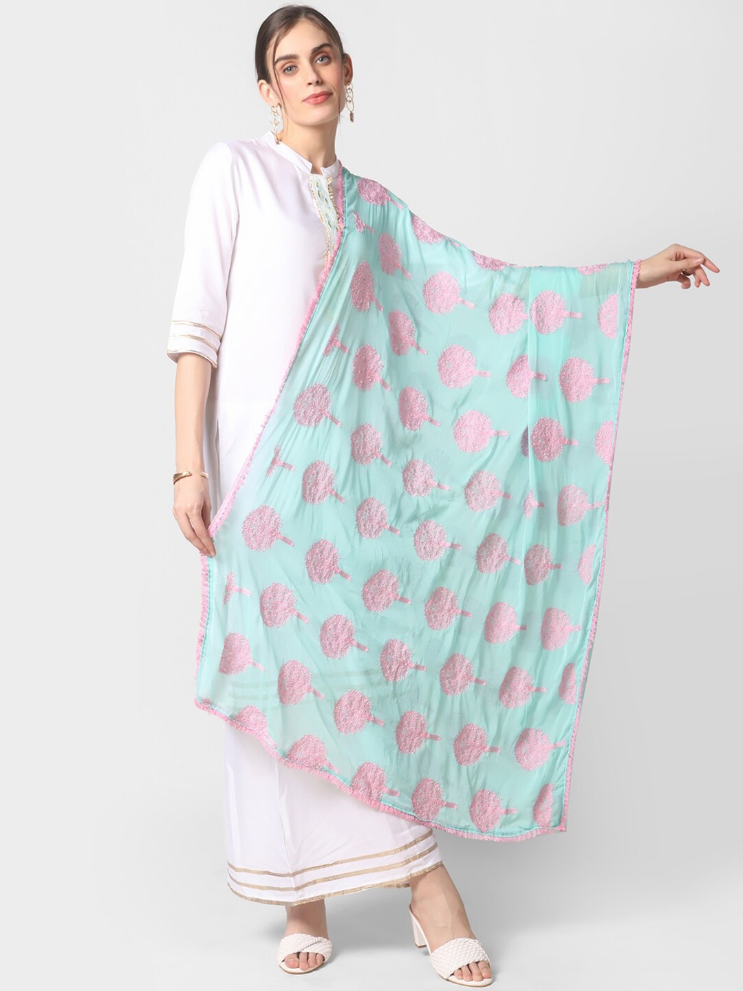 

Dupatta Bazaar Sea Green & Pink Ethnic Motifs Embroidered Dupatta with Thread Work Details