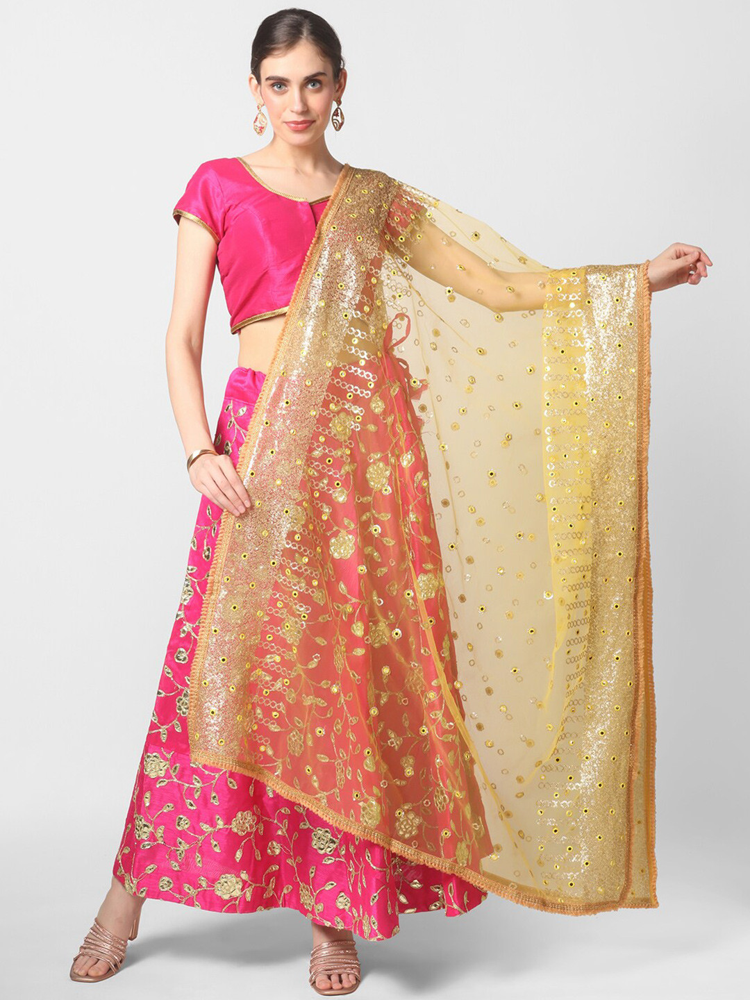 

Dupatta Bazaar Yellow & Gold Ethnic Motifs Embroidered Dupatta with Mirror Work