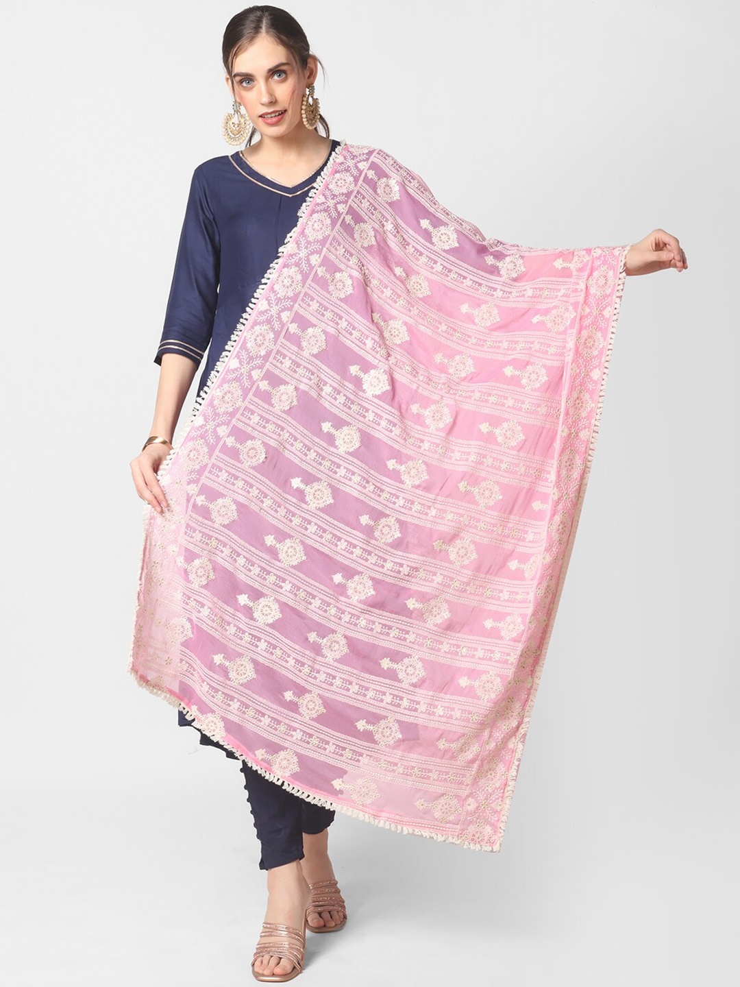 

Dupatta Bazaar Pink & White Ethnic Motifs Embroidered Dupatta with Chikankari