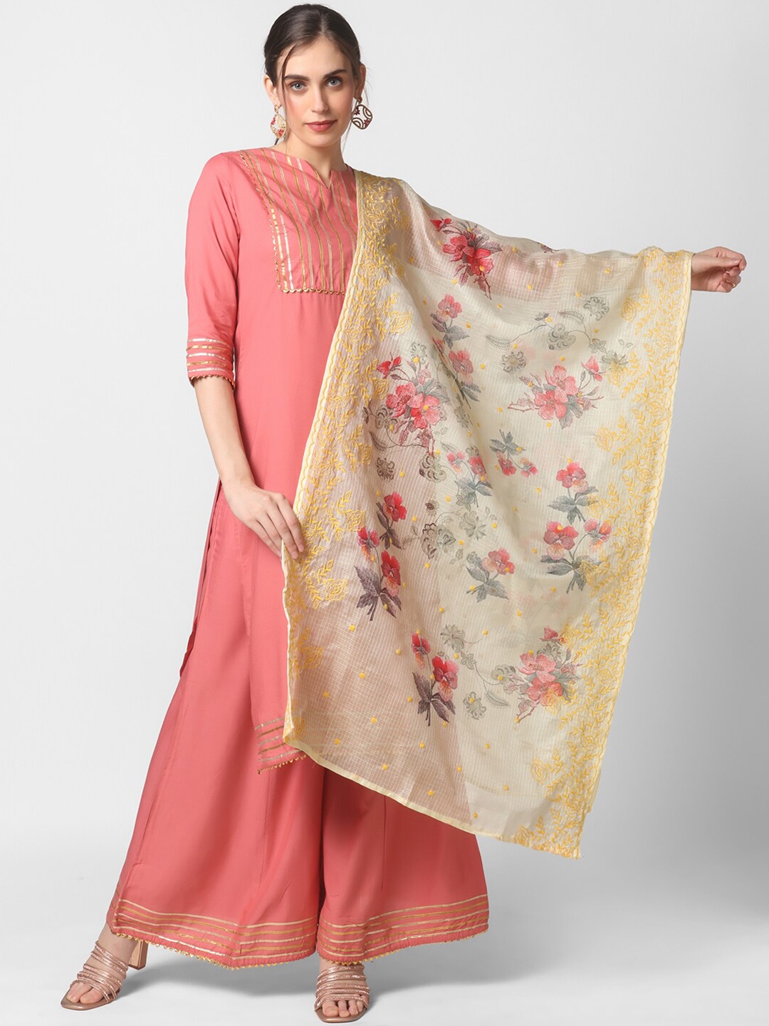 

Dupatta Bazaar Yellow & Red Kota Silk Embroidered Dupatta with Thread Work