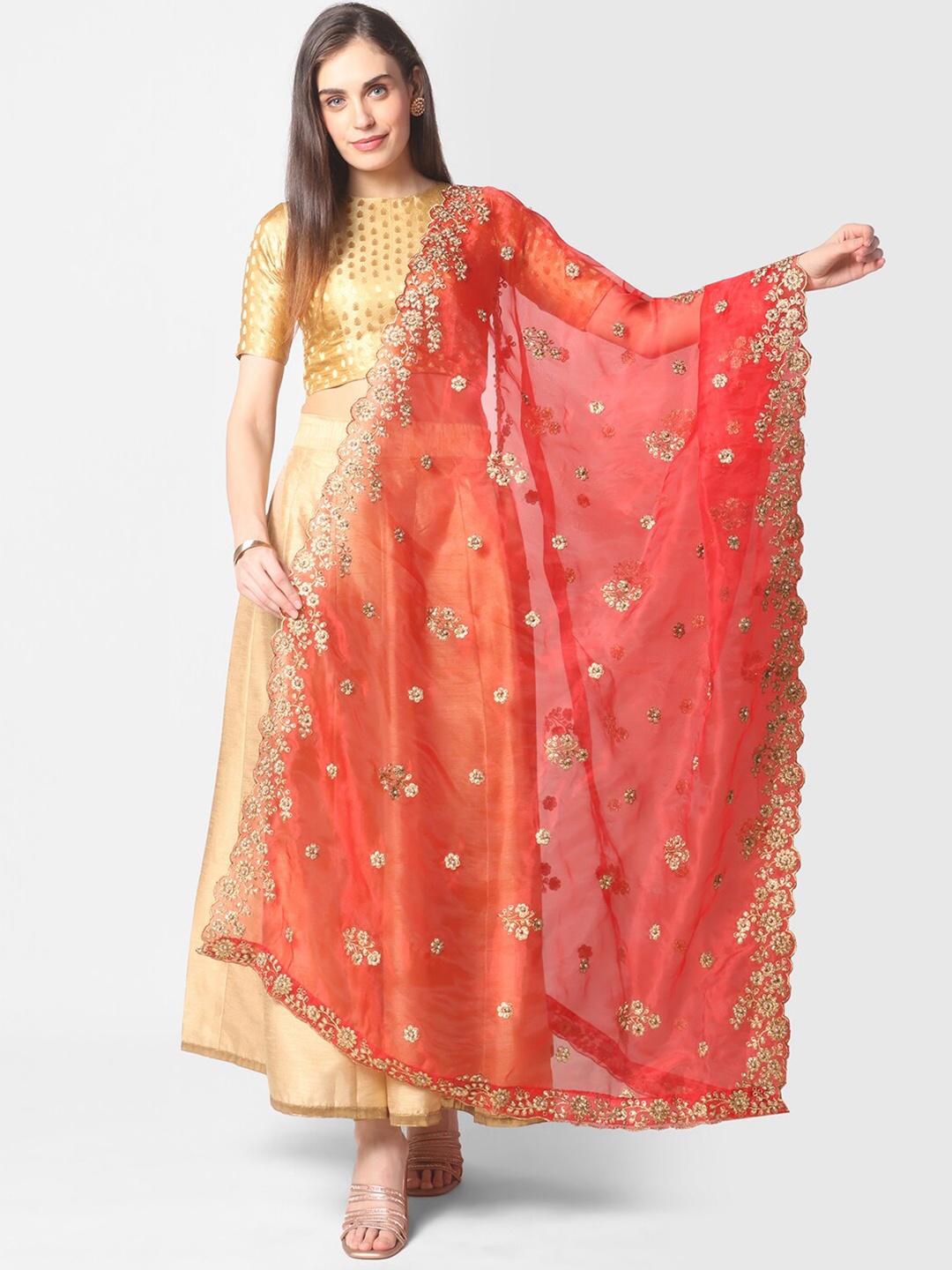 

Dupatta Bazaar Red & Gold Embroidered Organza Dupatta with Beads and Stones Details