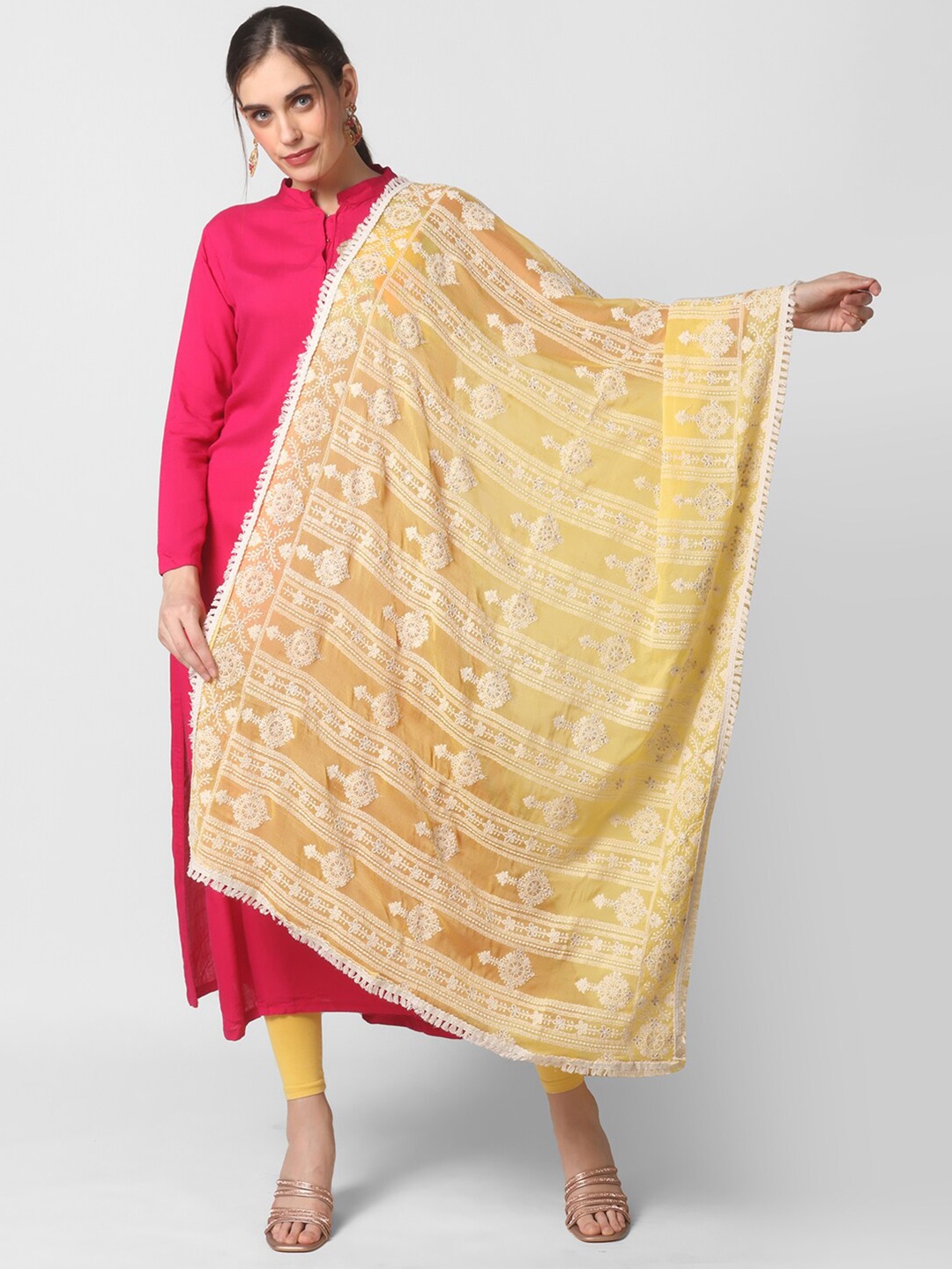 

Dupatta Bazaar Yellow & White Ethnic Motifs Embroidered Dupatta with Chikankari