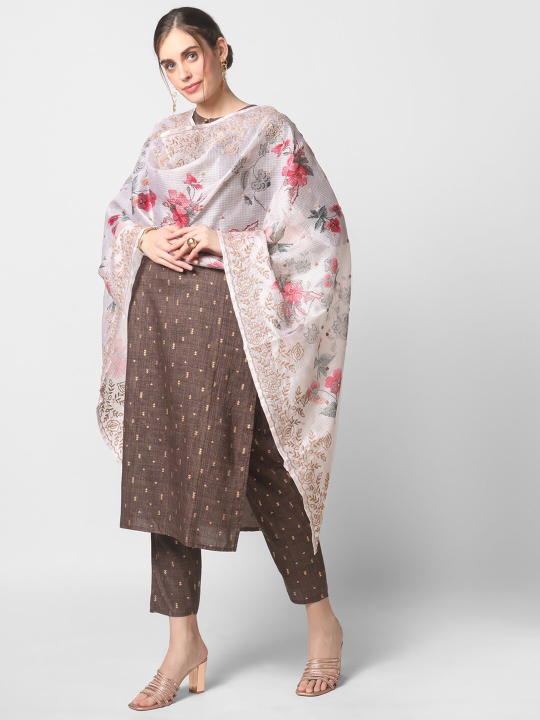 

Dupatta Bazaar Beige & Off White Kota Silk Floral Printed Dupatta with Thread Work