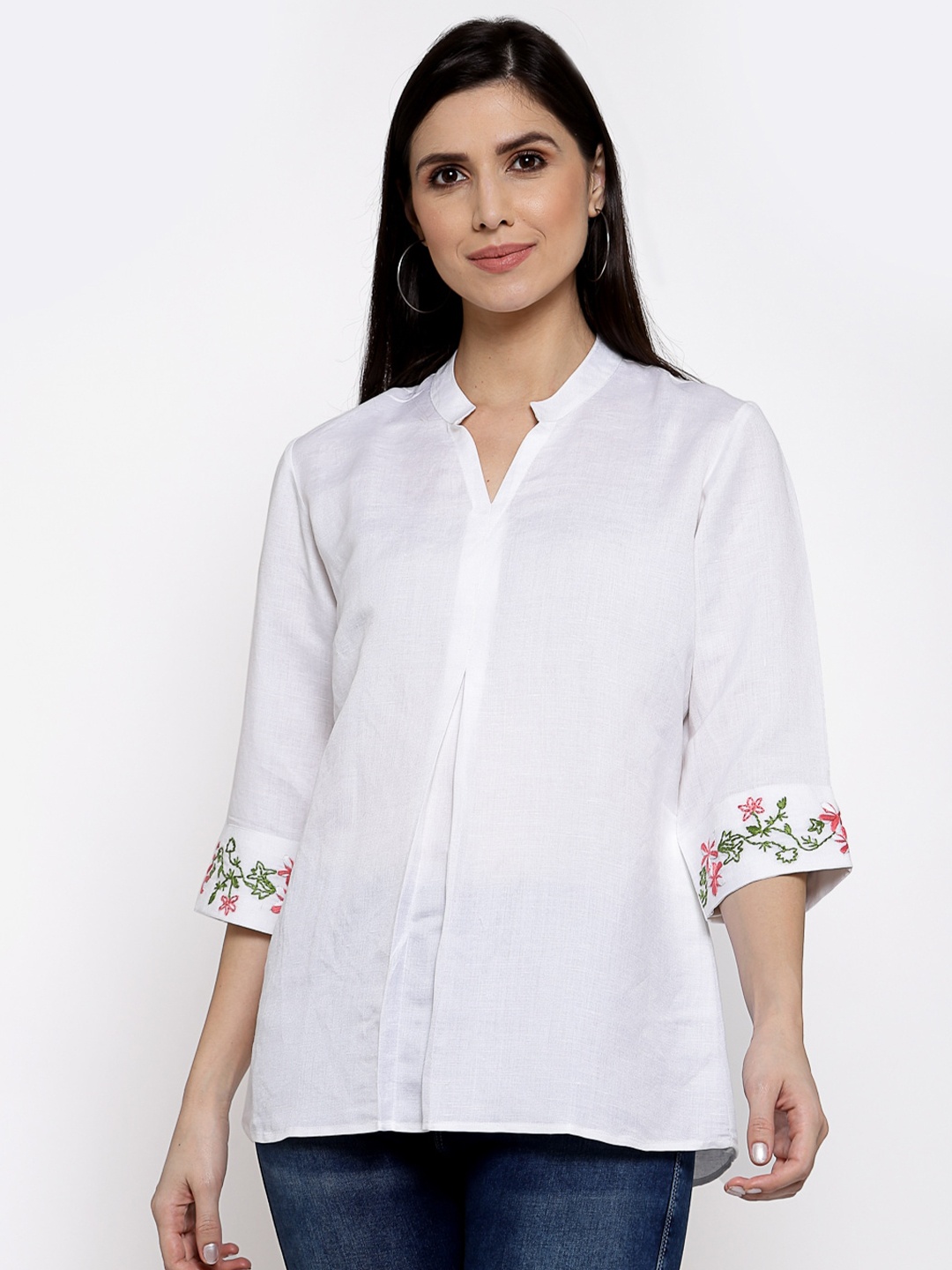 

DART STUDIO White Mandarin Collar Linen Shirt Style Top
