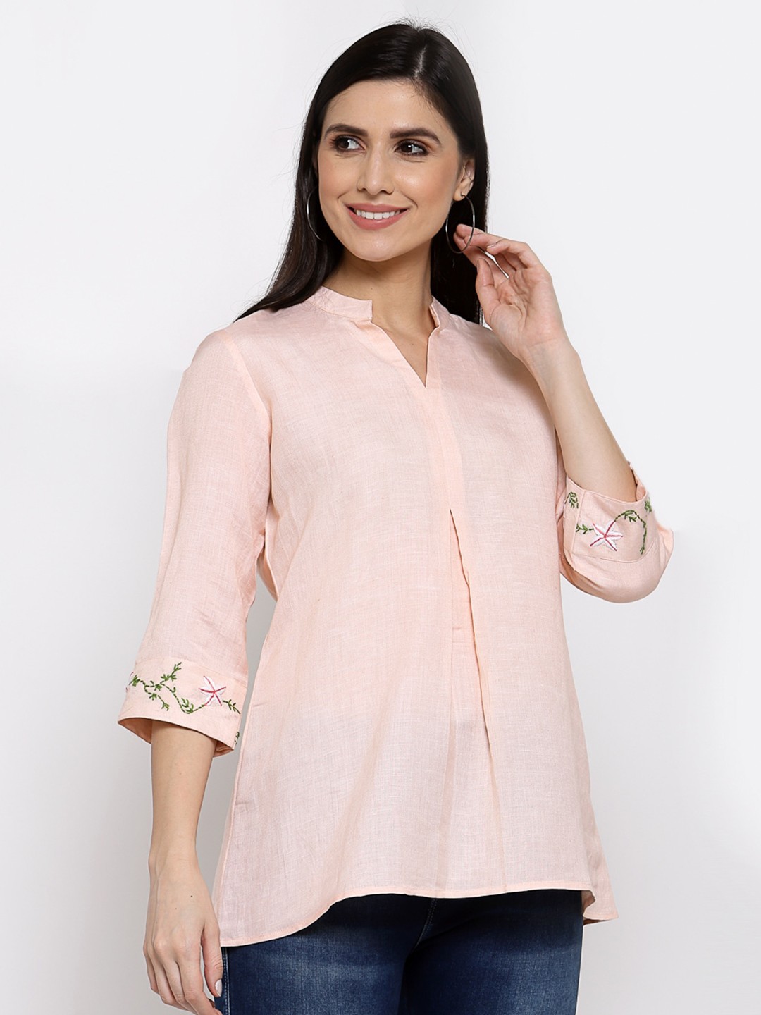 

DART STUDIO Peach-Coloured Mandarin Collar Linen Shirt Style Top