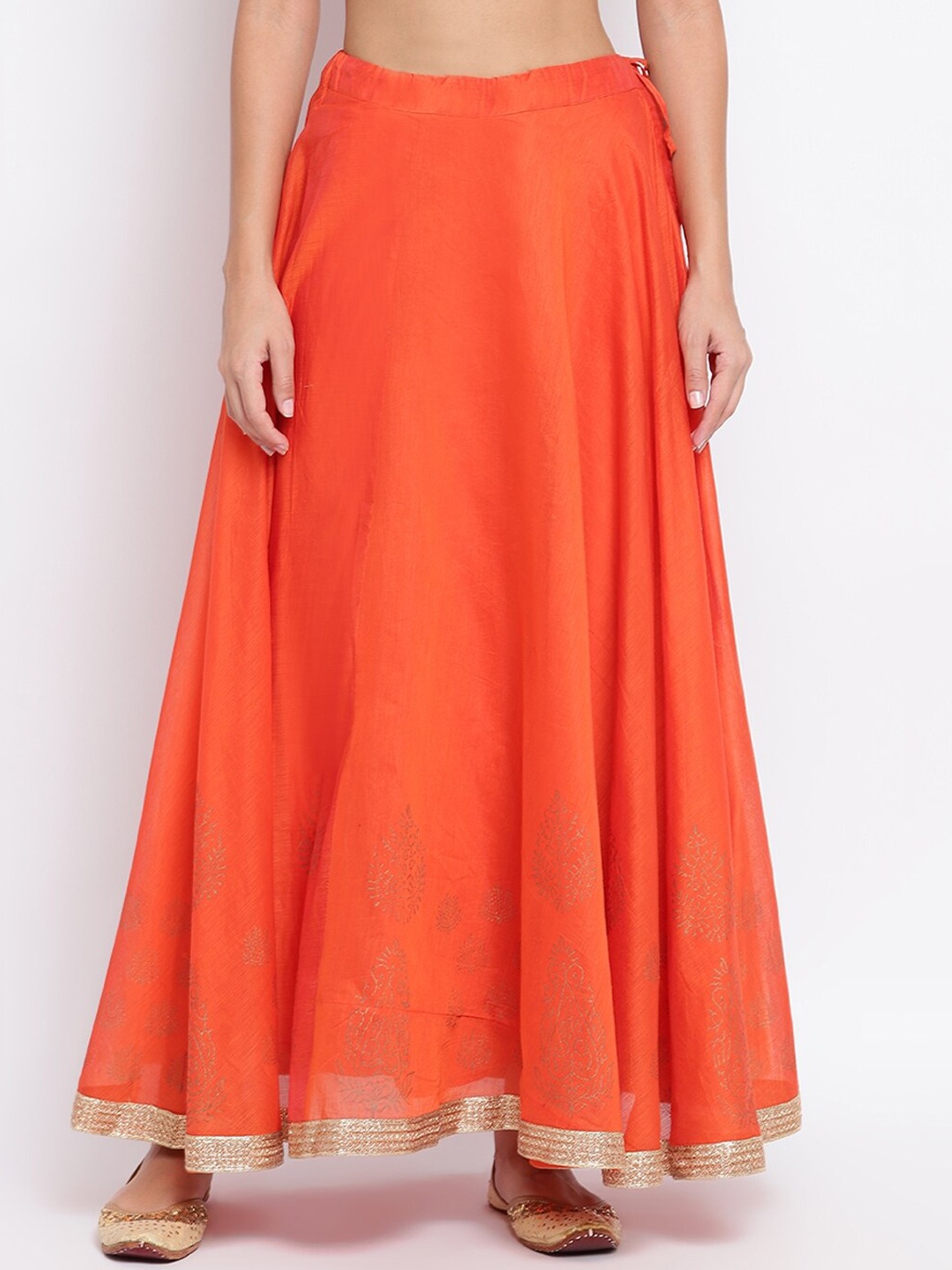

IMARA Women Orange & Gold-Colored Printed Flared Maxi Skirt