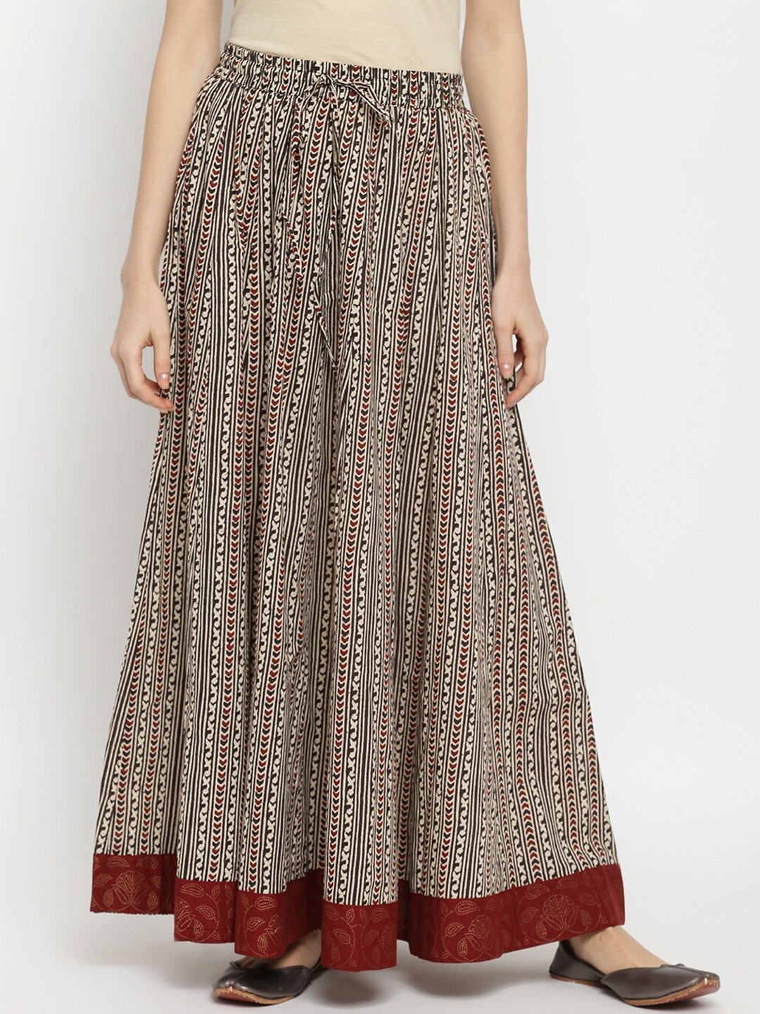 

IMARA Beige & Black Striped Pure Cotton Flared Maxi Skirt