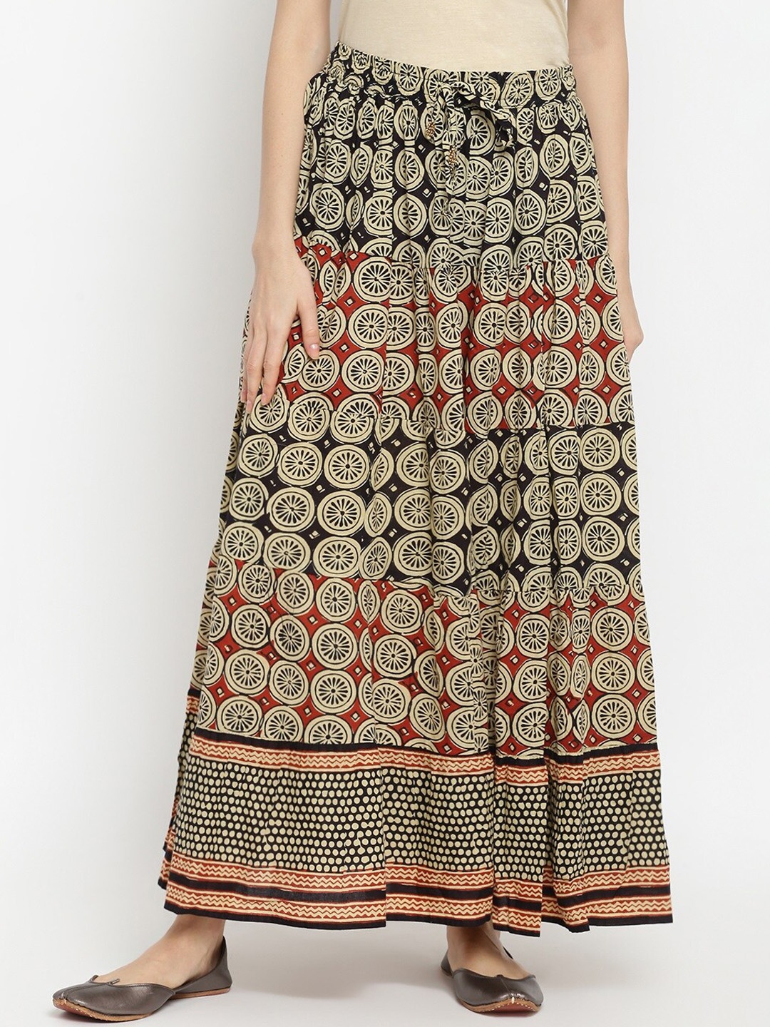 

IMARA Women Black & Beige Printed Flared Maxi Skirt
