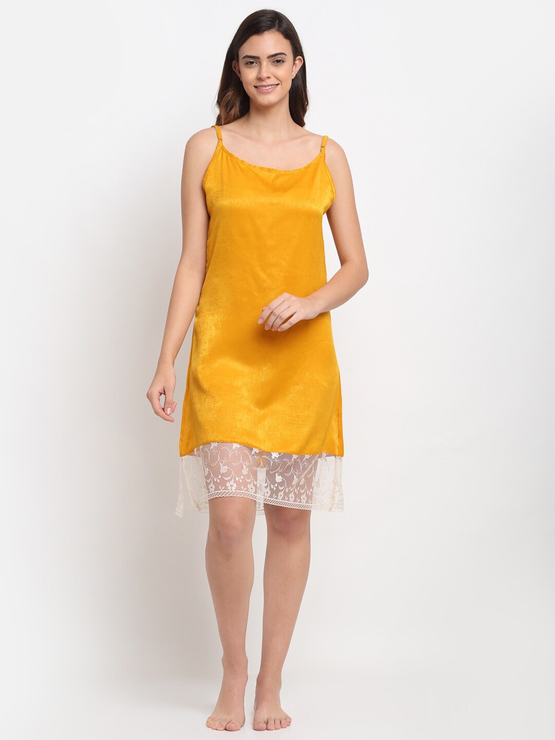 

EROTISSCH Women Mustard Yellow Lace Detailed Satin Nightdress AINW-26F