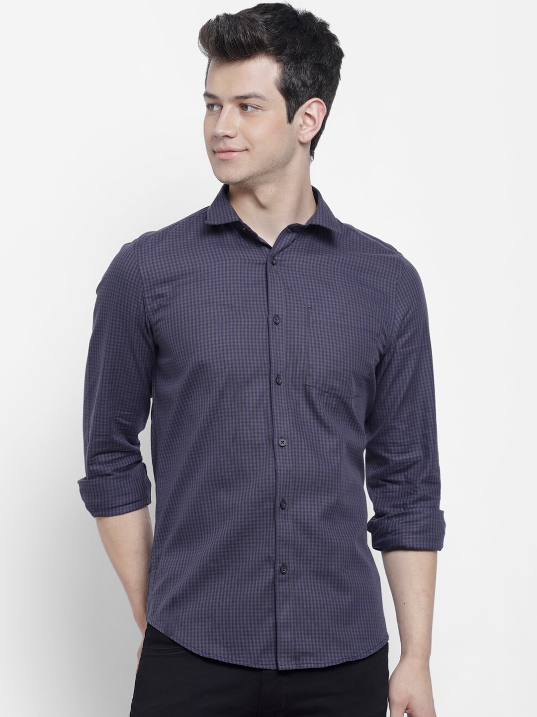 

cape canary Men Purple Micro Checks Opaque Checked Casual Shirt