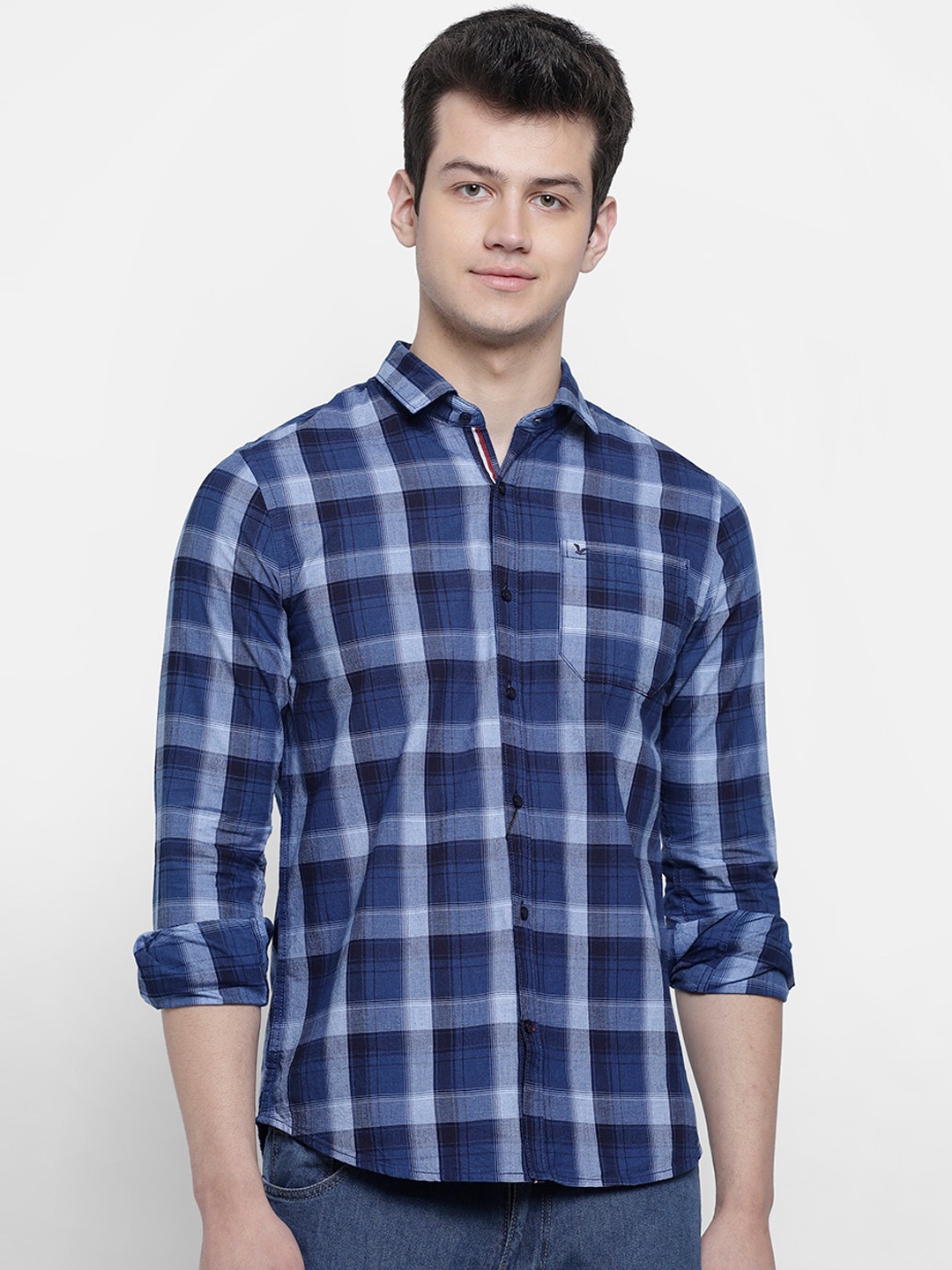 

cape canary Men Navy Blue Tartan Opaque Checked Casual Shirt