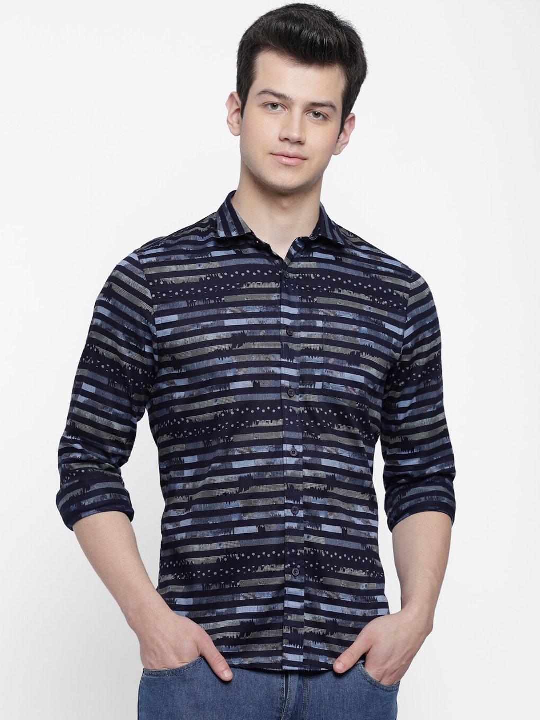 

cape canary Men Navy Blue Horizontal Stripes Opaque Striped Casual Shirt