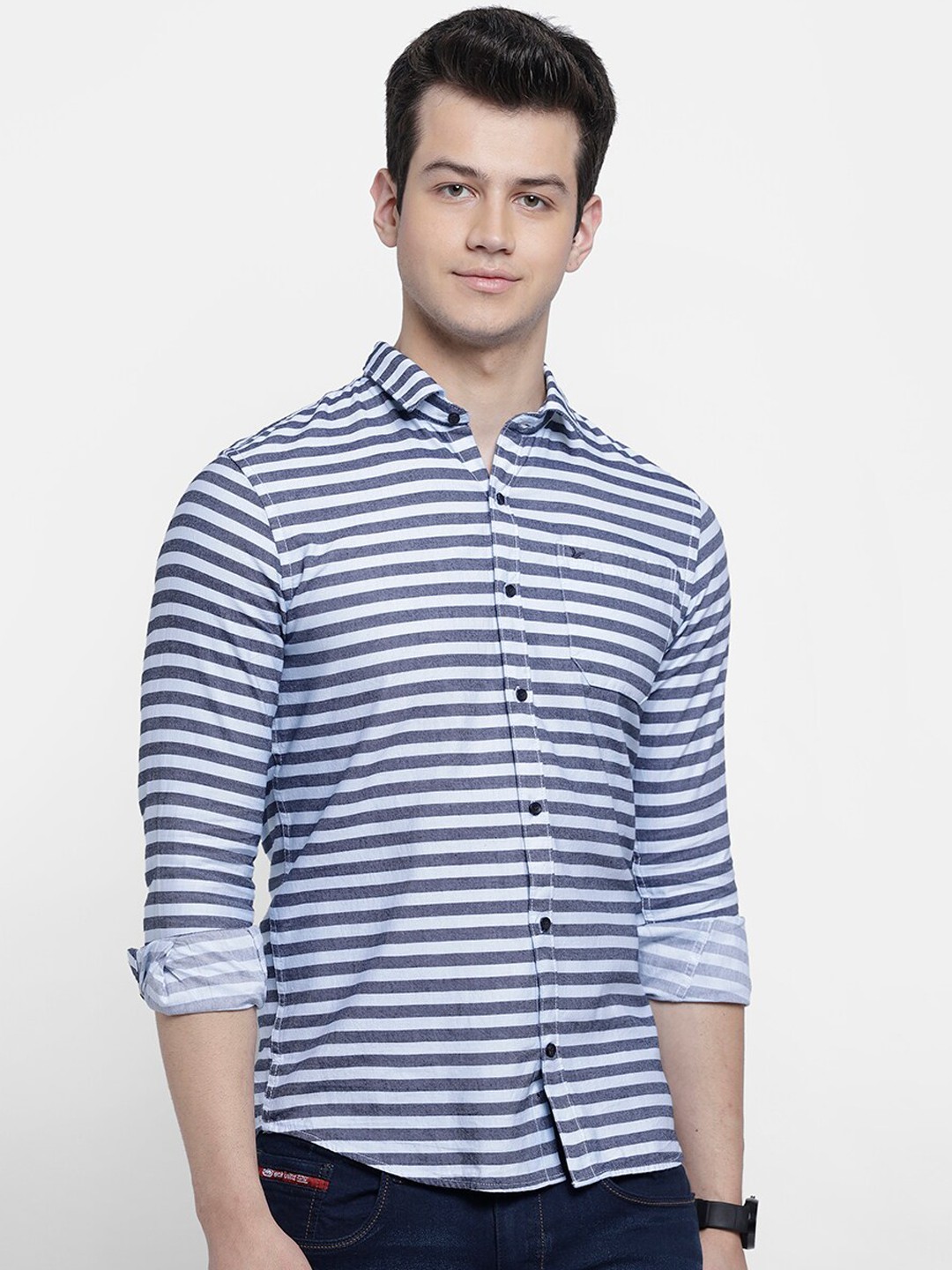 

cape canary Men Grey Horizontal Stripes Opaque Striped Casual Shirt