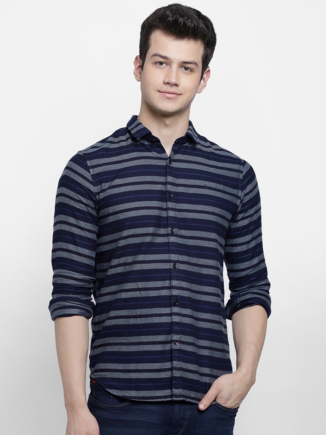 

cape canary Men Navy Blue Horizontal Stripes Striped Casual Shirt