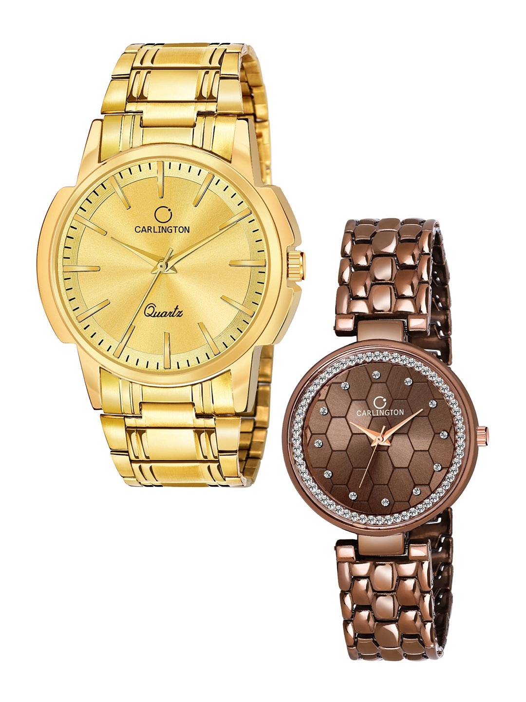 

CARLINGTON Unisex Set of 2 Analogue Watch - Combo CT-6110GG and Hexa Brown, Gold