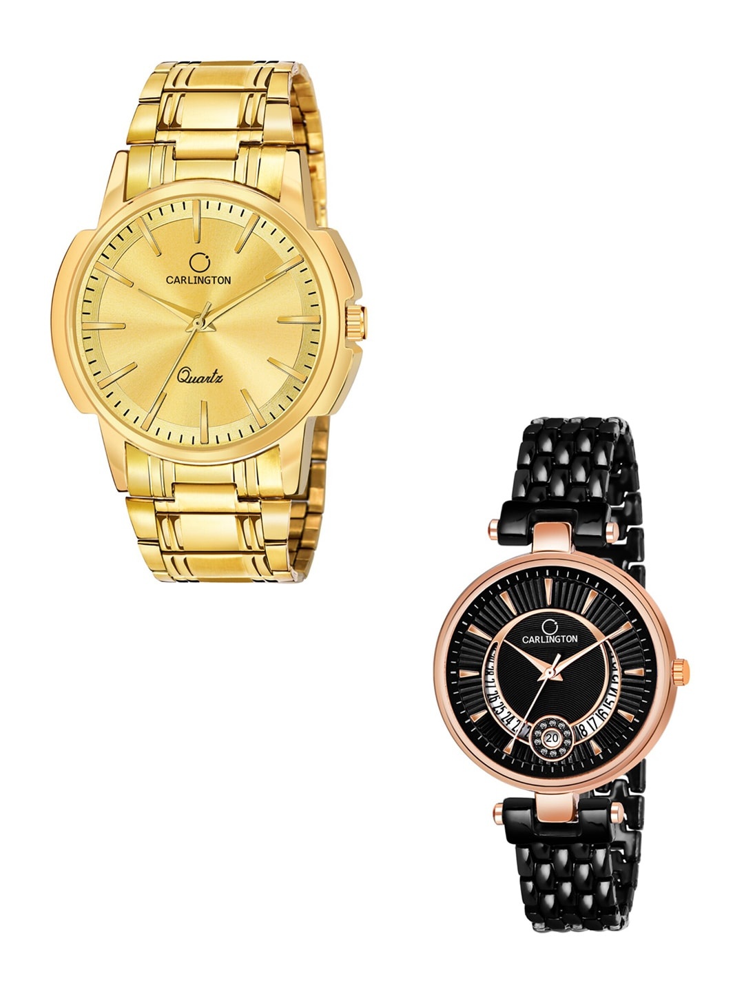 

CARLINGTON Unisex Pack of 2 Analogue Watches Combo CT-6110GG and Bella Black, Gold