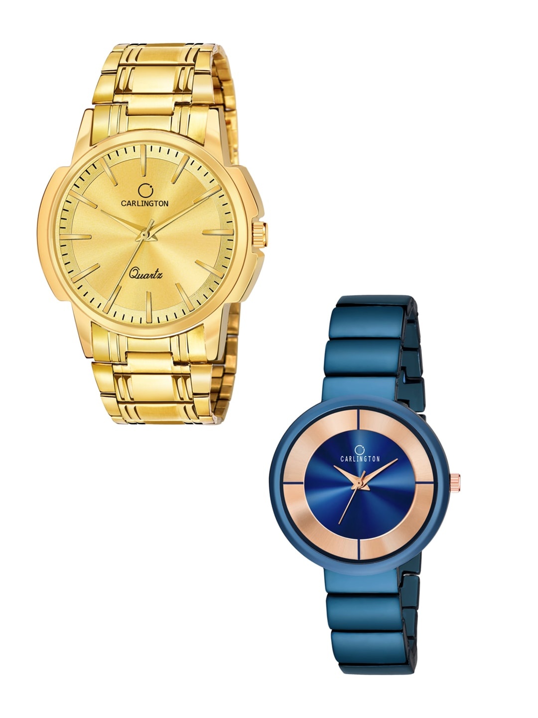 

CARLINGTON Unisex Set of 2 Analogue Watch - Combo CT-6110GG and 114 Blue, Gold