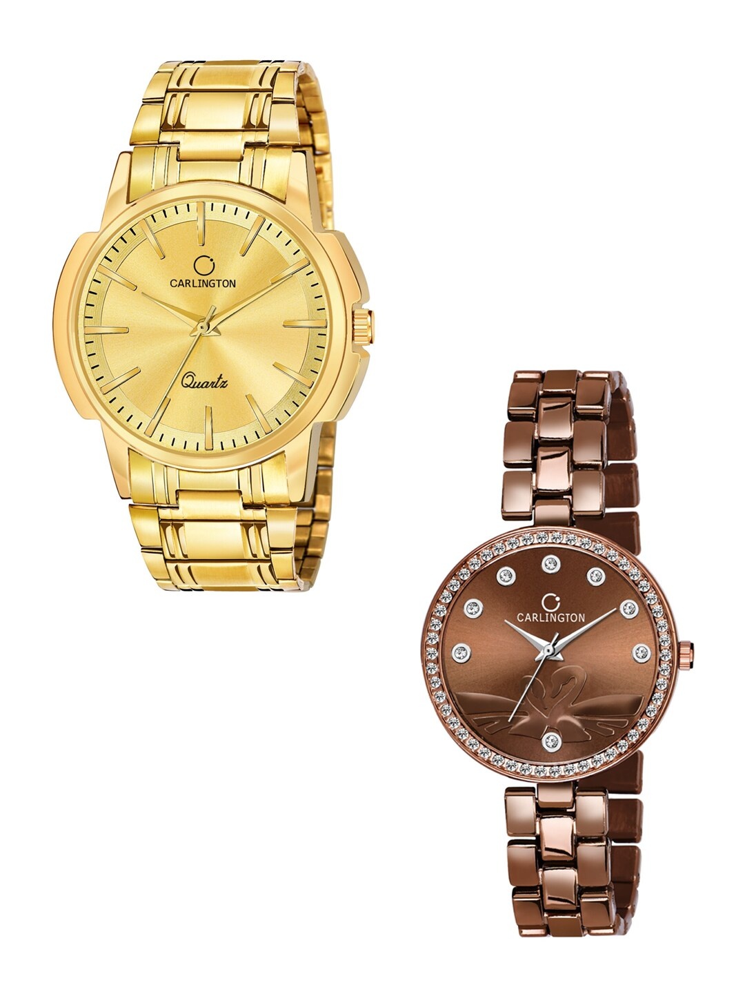 

CARLINGTON Unisex Set of 2 Analogue Watch - Combo CT-6110GG and Duck Brown, Gold