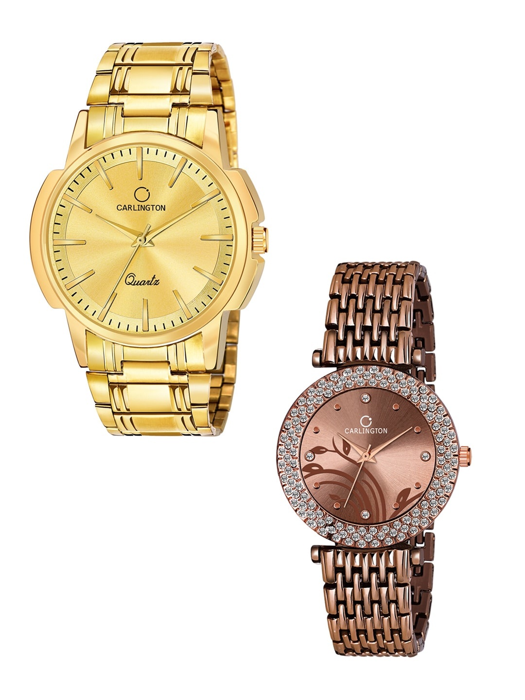 

CARLINGTON Unisex Pack of 2 Analogue Watches Combo CT-6110GG and 105 Brown, Gold
