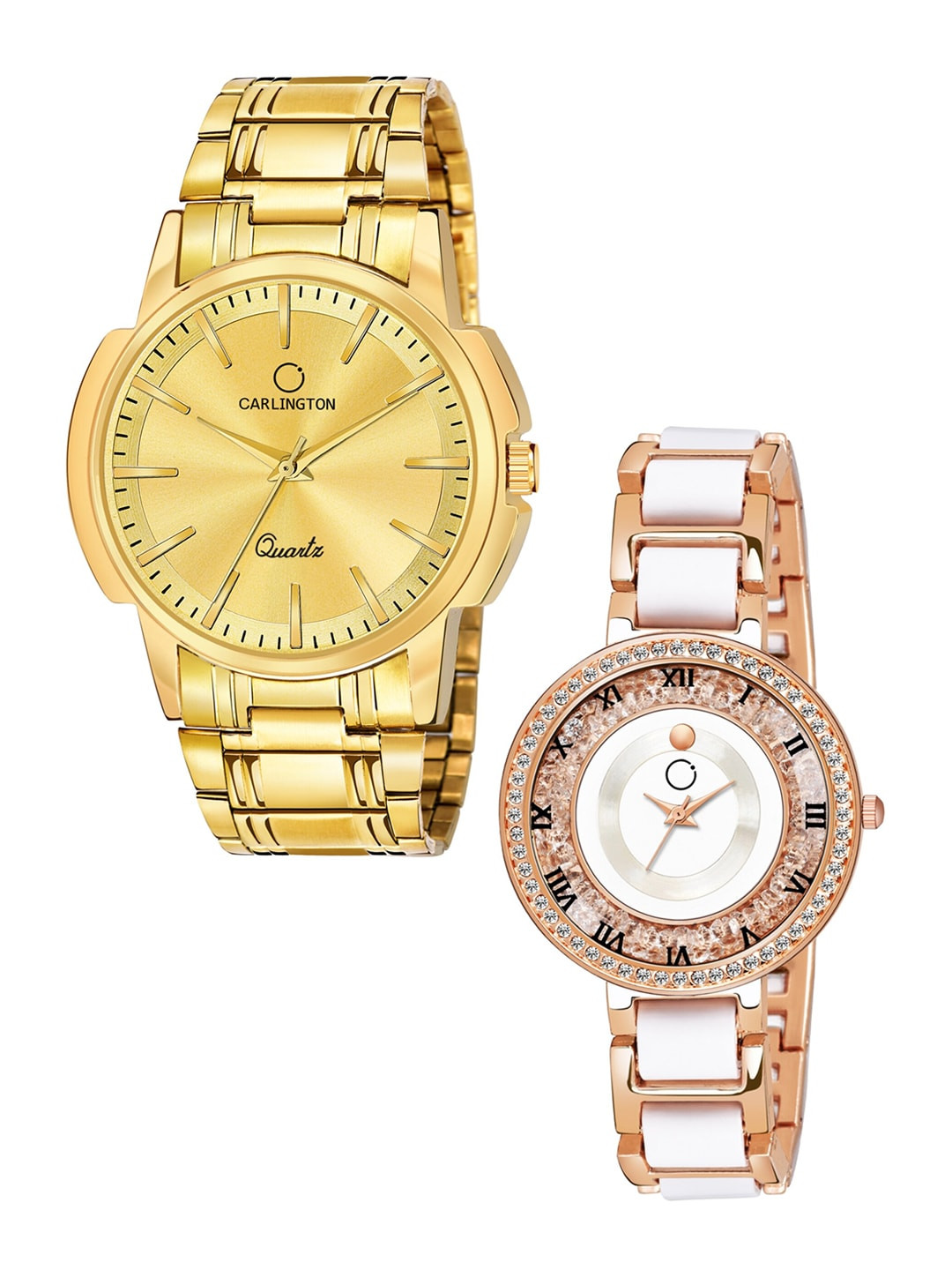 

CARLINGTON Unisex Set of 2 Analogue Watch - Combo CT-6110GG and Mova RoseWhite, Gold