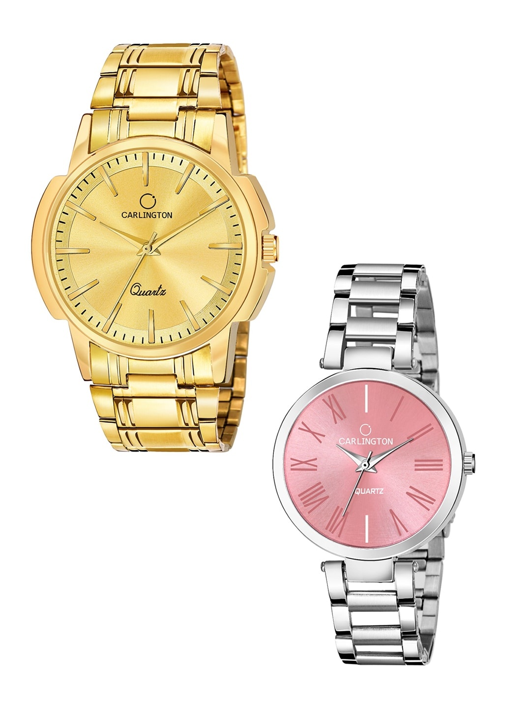 

CARLINGTON Unisex Pack of 2 Analogue Watches Combo CT-6110GG and 112 Pink, Gold