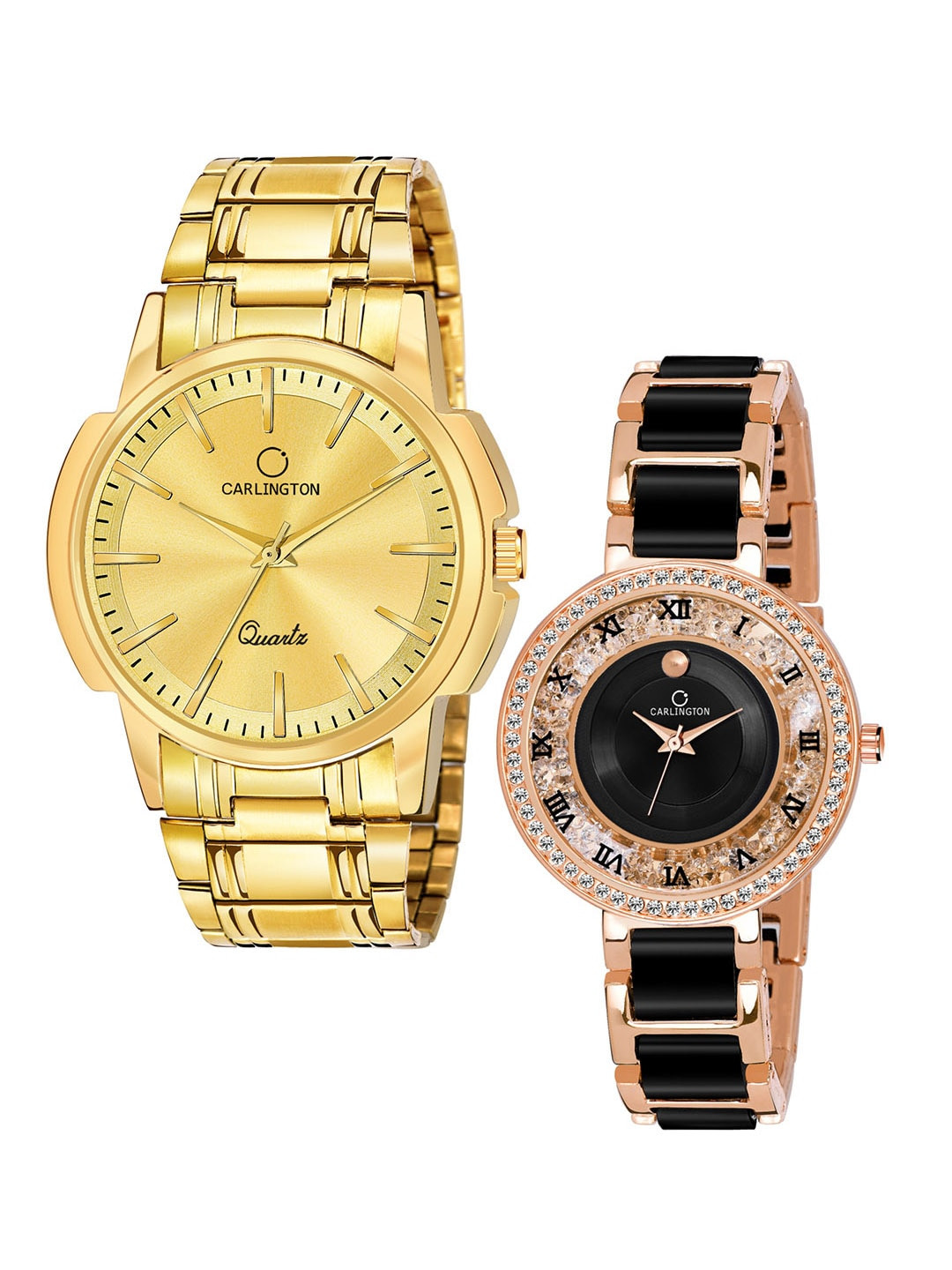 

CARLINGTON Unisex Set of 2 Analogue Watch - Combo CT-6110GG and Mova RoseBlack, Gold