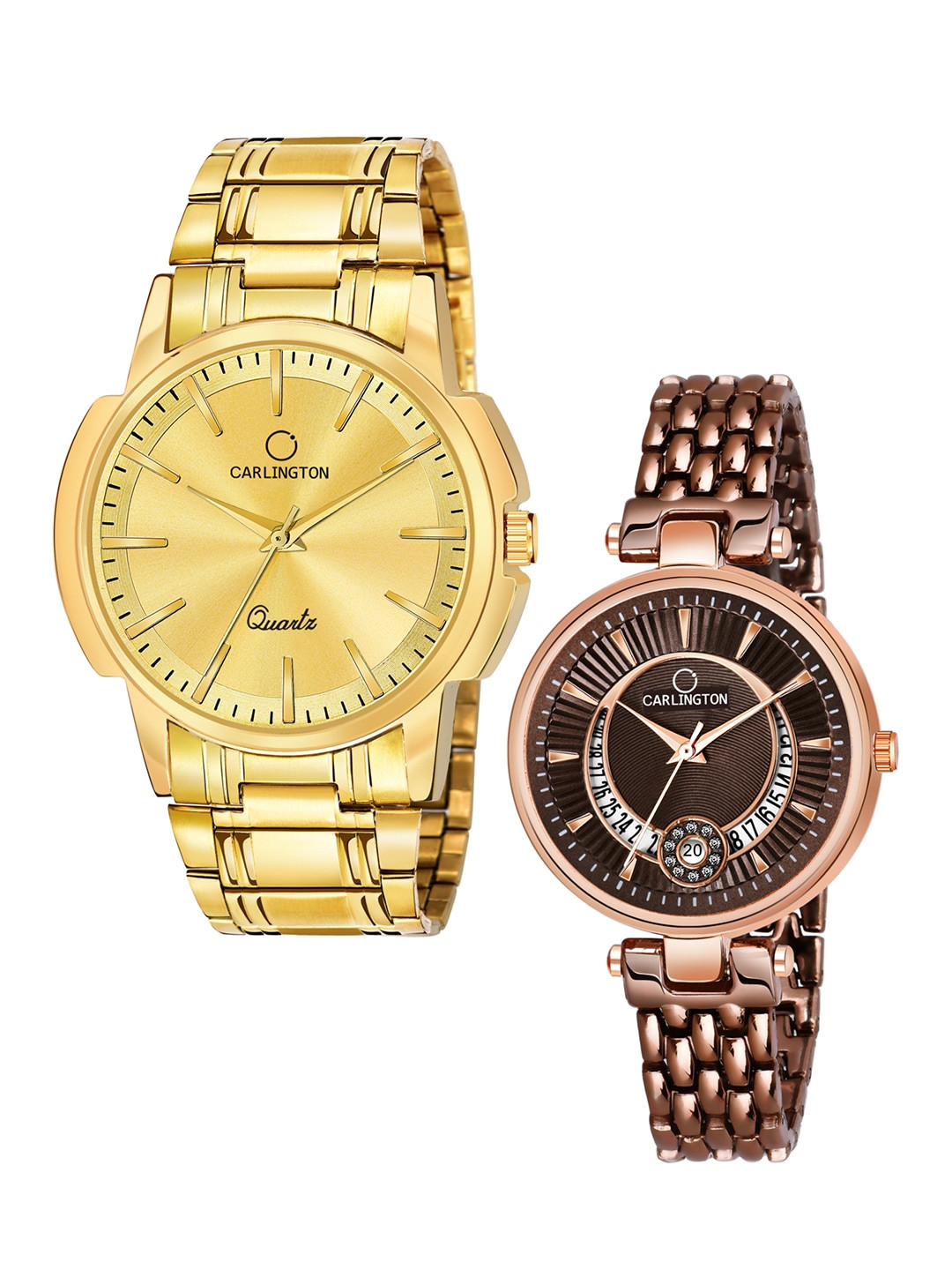 

CARLINGTON Unisex Set of 2 Analogue Watch - Combo CT-6110GG and Bella Brown, Gold