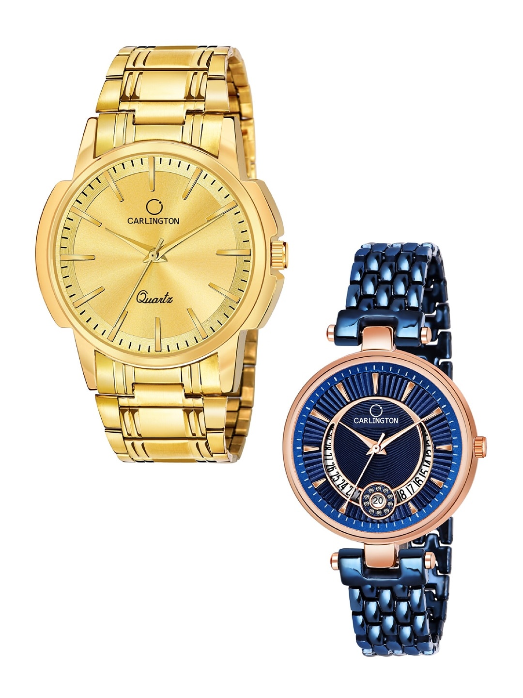 

CARLINGTON Unisex Set of 2 Analogue Watch - Combo CT-6110GG and Bella Blue, Gold