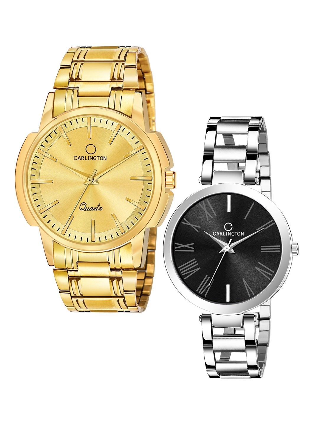 

CARLINGTON Unisex Set of 2 Analogue Watch - Combo CT-6110GG and 112 Black, Gold