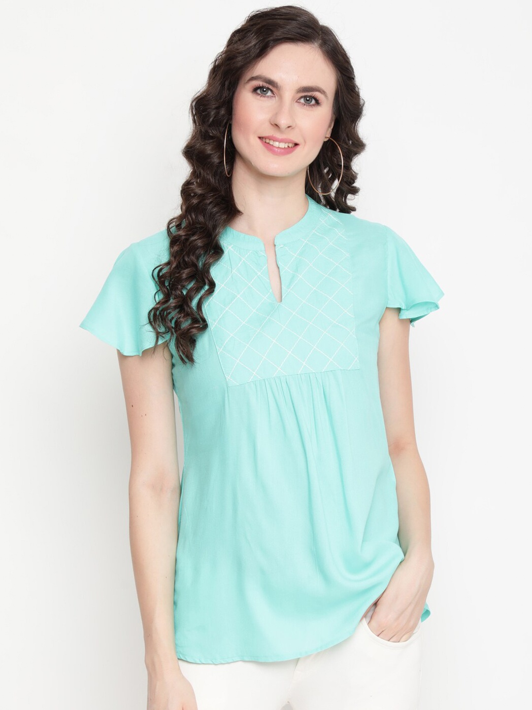 

GULMOHAR JAIPUR Blue Mandarin Collar Flutter Sleeve Regular Top