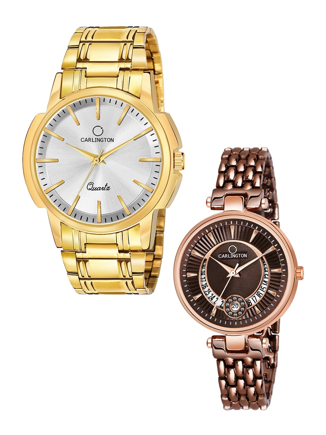 

CARLINGTON Unisex Set of 2 Analogue Watch - Combo CT-6110GS and Bella Brown, Silver