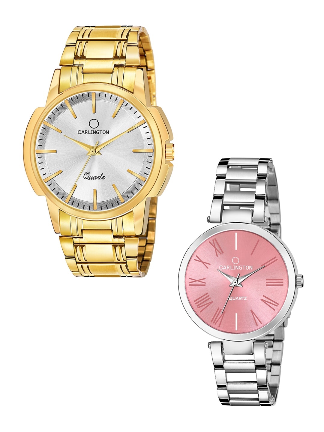 

CARLINGTON Unisex Set of 2 Analogue Watch - Combo CT-6110GS and 112 Pink, Silver