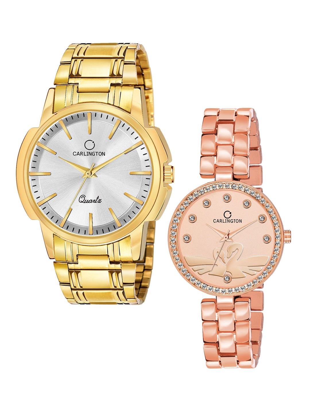 

CARLINGTON Unisex Set of 2 Analogue Watch - Combo CT-6110GS and Duck RoseGold, Silver